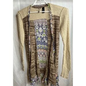 BKE Boutique Womens Sweater Cardigan Large Light Brown Ruffle Hem Open Front